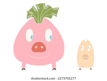Two piggy banks, one large, full and filled with money and the other small, thin and without money. Poverty and wealth. Thrift and wastefulness, lack of thrift.	