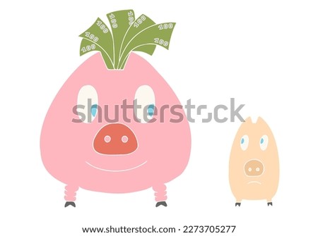 Two piggy banks, one large, full and filled with money and the other small, thin and without money. Poverty and wealth. Thrift and wastefulness, lack of thrift.	
