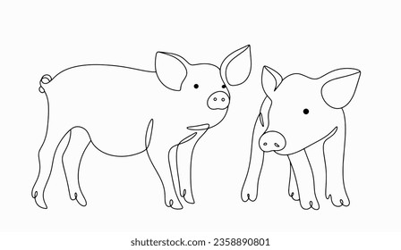 Two pigs. Farm animal. Pig breeding. World Farm Animals Day. One line drawing for different uses. Vector illustration.