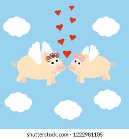 two pigs flying in the sky with wings, children fantastic illustration, vector