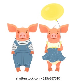 Two pigs holding balloon. Symbol of friendship, love and teamwork vector illustration