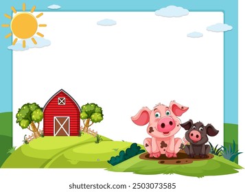 Two pigs near a red barn