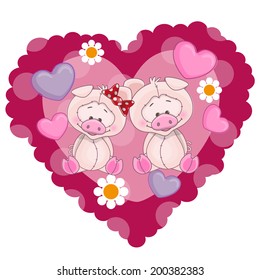 Two Pigs on a background of heart