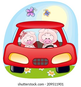 Two Pigs is sitting in a car 
