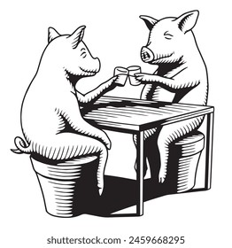 two pigs sitting drinking water, hand drawn illustration