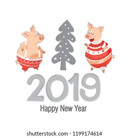 Two pigs symbol of the Chinese New year 2019 decorate the Christmas tree. Style comics, cartoons. Christmas card or banner cute piglets. Vector illustration of year of the yellow pig