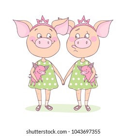 Two pigs are twin sisters. They keep the toys in their hands. They have crown princesses on their heads. One piggy is cheerful, another is offended