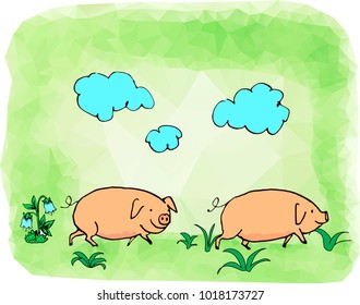 Two pigs walking on the grassy lawn. Vector handwork doodles drawing against the low polygonal triangular green gradient background.