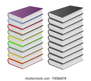 Two piles of books on a white background. In the first pile multicolored books. In the second pile black books.