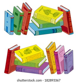 Two piles of books: one is represented mirror and in other colour scale. Illustration done in cartoon style. Set of piles of books -  Illustration. 