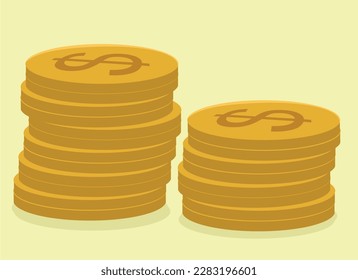 Dos pilas de monedas de oro con signo de dólar, vector, arte, dinero.