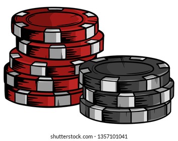 Two piles of poker chips of different values in vector format. Hand drawn casino cips with cartoon design.