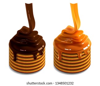 Two piles of waffles on a white background. A stream of golden caramel is poured onto one pile and a stream of chocolate onto another.  3D vector. High detailed realistic illustration,