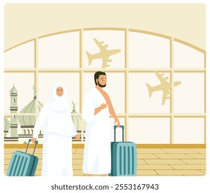 Two pilgrims at the airport, preparing to leave for Hajj. They wear traditional clothes and carry luggage. Islamic Hajj Pilgrimage concept. Flat vector illustration.