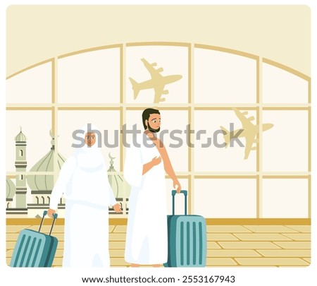 Two pilgrims at the airport, preparing to leave for Hajj. They wear traditional clothes and carry luggage. Islamic Hajj Pilgrimage concept. Flat vector illustration.