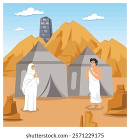 Two pilgrims performing a significance spiritual activity in a desert with tents and mountains. Flat vector modern illustration