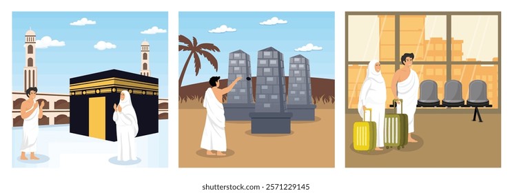 Two Pilgrims Praying by the Kaaba. Depiction of Traditional Pilgrimage Rituals. A Muslim Couple of pilgrims wearing ihram clothes. Set flat vector modern illustration 