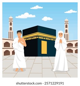 Two pilgrims standing at the Kaaba, dressed in traditional white attire, symbolizing purity and devotion in under a bright blue sky. Flat vector modern illustration 