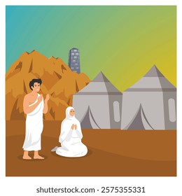 Two pilgrims in white attire are depicted praying outdoors near traditional tents and a mountain in the background, symbolizing a spiritual journey. Flat vector modern illustration 