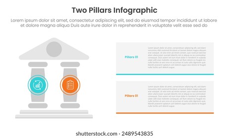 two pillars framework with ancient classic construction infographic with 2 point stage template with pillars on left and rectangle box stack for slide presentation vector