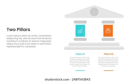 two pillars framework with ancient classic construction infographic with 2 point stage template with big pillars on right column side for slide presentation vector