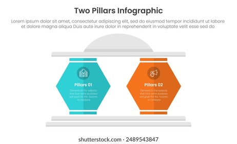 two pillars framework with ancient classic construction infographic with 2 point stage template with hexagon pillar shape for slide presentation vector