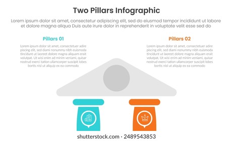 two pillars framework with ancient classic construction infographic with 2 point stage template with half bottom building on center for slide presentation vector