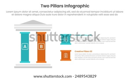 two pillars framework with ancient classic construction infographic with 2 point stage template with left column and creative box description for slide presentation vector