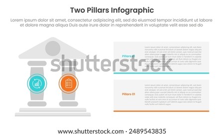 two pillars framework with ancient classic construction infographic with 2 point stage template with pillars on left and rectangle box stack for slide presentation vector