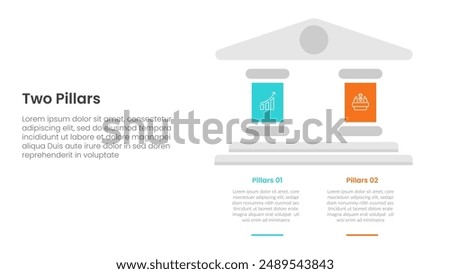 two pillars framework with ancient classic construction infographic with 2 point stage template with big pillars on right column side for slide presentation vector