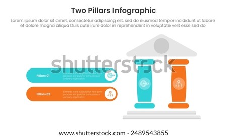 two pillars framework with ancient classic construction infographic with 2 point stage template with right pillars and round rectangle description box for slide presentation vector