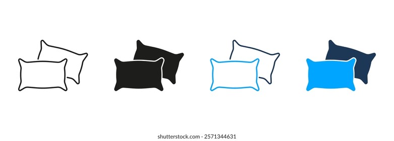 Two Pillows Line and Silhouette Icon Set. Soft Bedding for Sleep Symbol. Comfortable Headrests for Bedtime. Sleep Accessories for Bed. Editable Stroke. Isolated Vector Illustration.