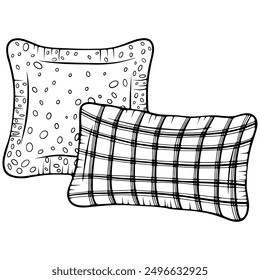 Two pillows square and rectangular. Cozy autumn, winter home decor. Vector illustrations in hand drawn sketch style isolated on white. Black outline graphic for print, coloring book