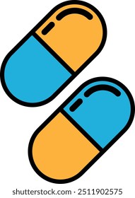 Two pills with blue and orange colors. The blue pill is on the left and the orange pill is on the right