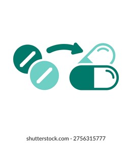 Two pills with directional arrows represent drug substitution and medication switching. This graphic suits pharmacy workflows, treatment planning tools, prescription management systems, and healthcare education materials