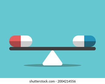Two pills on weight scale. Choice of effective drug, price, cheap substitute, fake medicine and addiction concept. Flat design. EPS 8 vector illustration, no transparency, no gradients