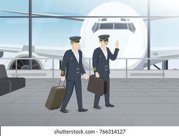 Two pilot after flight walking on corridor. Men with bags after work going home. Waiting hall of air terminal. Vector illustration. 