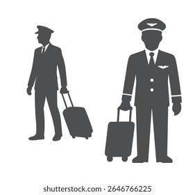 Two pilot silhouettes with luggage on white background