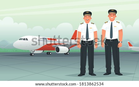 Two pilots on the background of a passenger aircraft at the airport. Ship captain and co-pilot, airline employees. Vector illustration in flat style