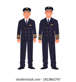 Zwei Piloten eines Passagierflugzeugs tragen Uniformen. Schiffskapitän und Co-Pilot, Mitarbeiter von Fluggesellschaften auf weißem Hintergrund. Vektorgrafik in Flachstil