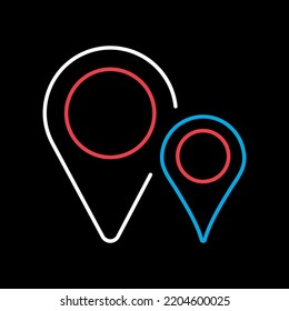 Mapa de dos pines aislado en el icono de fondo negro. Puntero de mapa. Marcadores de mapa. Símbolo de ubicación GPS. Signo de navegación. Símbolo gráfico del sitio web de viajes y turismo y aplicaciones, logotipo, aplicación, interfaz de usuario