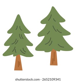 Dois pinheiros em um estilo plano desenhado à mão. Ótimo para florestas, viagens ecológicas, acampamentos ou cenas da natureza. 