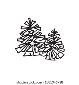 Two pinecones Christmas tree. Black and white, doodle. Vector illustration, isolated on white background.