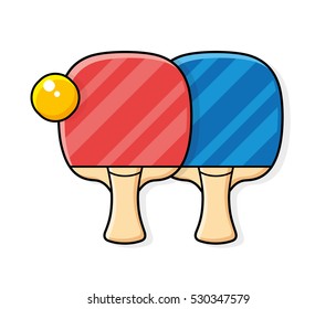Two ping pong paddles or table tennis rackets and ball isolated.