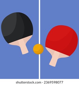 Two ping pong paddles and yellow ball on a table.