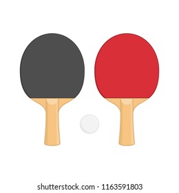 Two ping pong rackets with ball, in flat style. Racket for playing table tennis isolated on white background. Sports equipment concept. Vector illustration EPS 10.