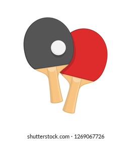 Two ping pong rackets with ball, in flat style. Racket for playing table tennis isolated on white background. Sports equipment concept. Vector illustration EPS 10.