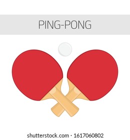 Two ping pong rackets with ball, in flat style. Racket for playing table tennis isolated on white background. Sports equipment concept. Vector illustration EPS 10.
