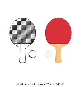 Two ping pong rackets with ball, in flat style. Racket for playing table tennis isolated on white background. Sports equipment concept. Vector illustration EPS 10.