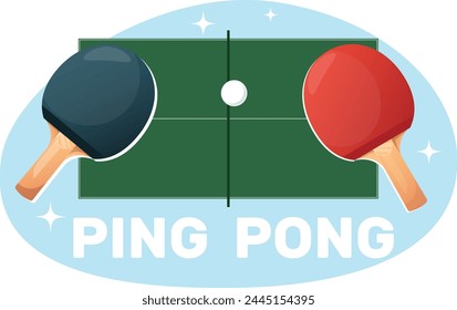 Two ping pong rackets, ball and tennis table